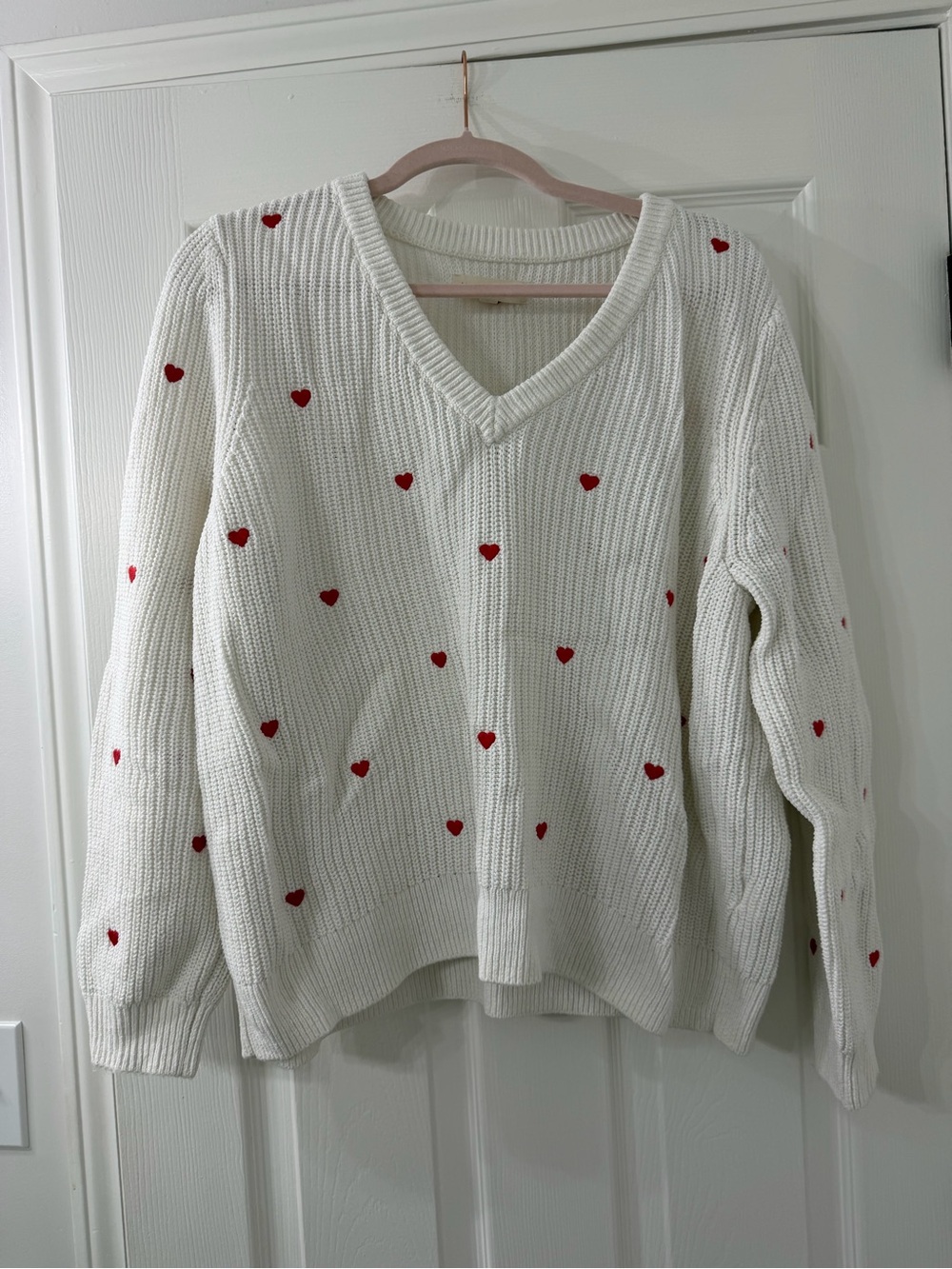 Lucky Brand Cream V-Neck Sweater with Red Heart Details
